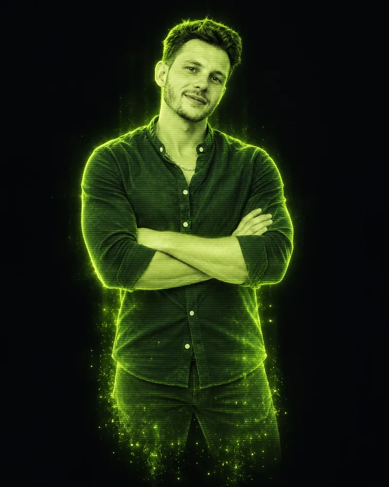 Alexandre, bras croisés, en hologramme vert